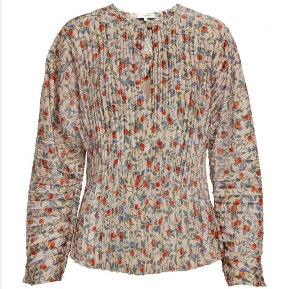 Vince Metallic Taupe Floral Satin Pleated Blouse Small Long Sleeve - Picture 1 of 6